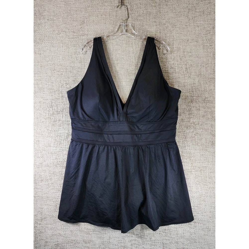 Lands End One Piece Swim Dress Womens 26W Black Swimsuit Beach Mesh Detail EUC